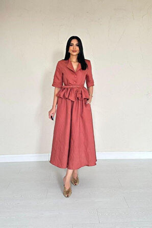 Moccah İnce Kemerli Fırfırlı Ceket Ve Büzgülü Etek Takım