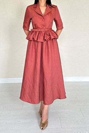 Moccah İnce Kemerli Fırfırlı Ceket Ve Büzgülü Etek Takım