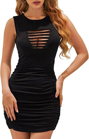 Kadın Askılı Bisiklet Yaka Lazer Dekolte Detaylı Kısa Janjan Krep Elbise