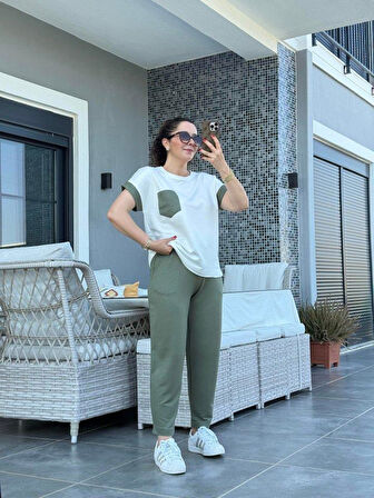 Kadın Kristal Kumaş Garnili Cep Detaylı Ikili Takım