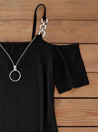 Kadın Askılı önü Fermuarlı Asimetrik Kesim Detaylı Kalın Fitilli Kaşkorse Elbise