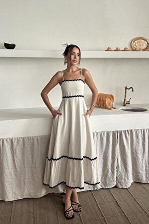 Bej Şerit Detay Keten Elbise