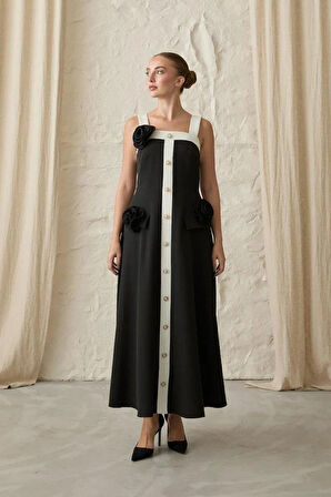 Siyah Güllü Askılı Elbise