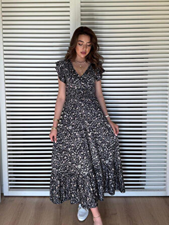 Kadın Kısa Kollu Kruvaze Yaka Beli Lastikli çiçek Desenli Elbise