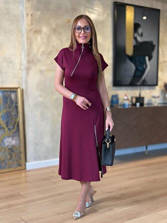 Kadın Kısa Kollu Yakadan Ve Etekten Fermuarlı Midi Viskon Iki Iplik Elbise