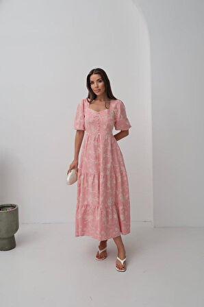 Pembe Süs Düğmeli Balon Kollu Elbise