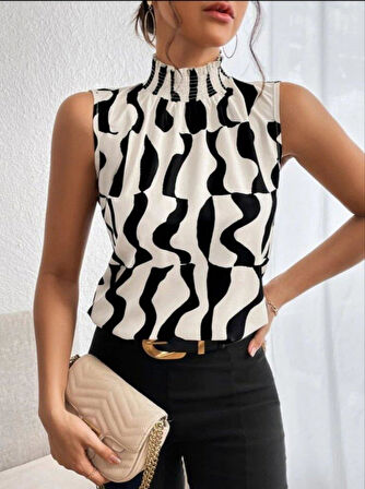 Kadın Kolsuz Balıkçı Yaka Desenli Süprem Bluz