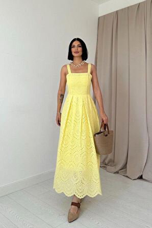 Sarı Askılı Aparatlı Brode Elbise
