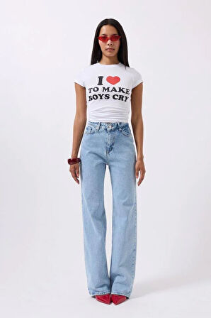 Nakış Detay Baskılı Crop T-Shirt