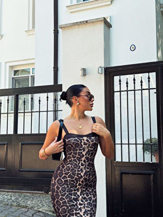 Kadın Dalgıç Kumaş Dijital Leopar Baskılı Midi Boy Elbise