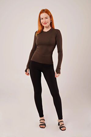 Uzun Kollu Basic Kahverengi Bluz