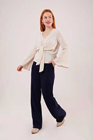 Ön Bağlamalı Volan Kol Ekru Bluz