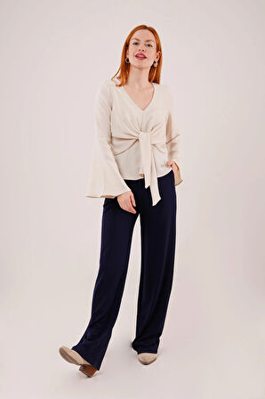 Ön Bağlamalı Volan Kol Ekru Bluz