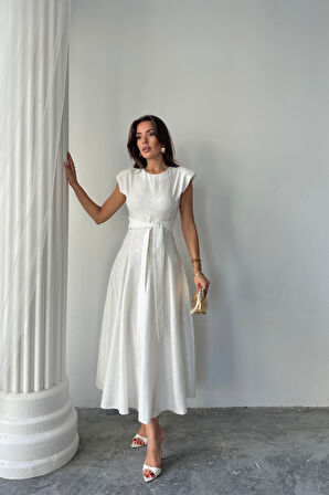 JAKAR KETEN VATKALI ELBİSE - Beyaz