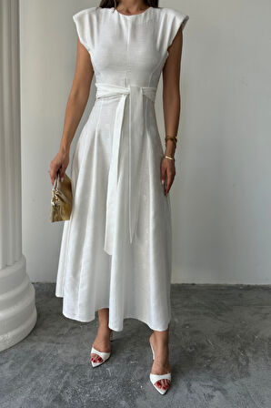 JAKAR KETEN VATKALI ELBİSE - Beyaz