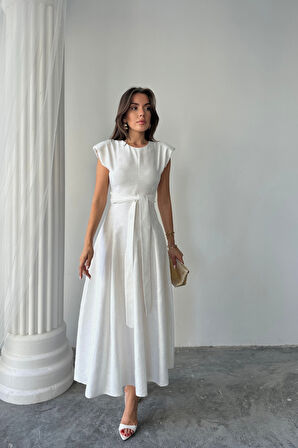 JAKAR KETEN VATKALI ELBİSE - Beyaz