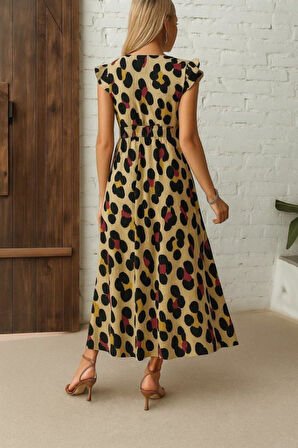 Kadın Kısa Kollu V Yakalı Desenli Yandan Yırtmaçlı Süprem Elbise