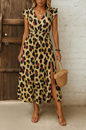 Kadın Kısa Kollu V Yakalı Desenli Yandan Yırtmaçlı Süprem Elbise