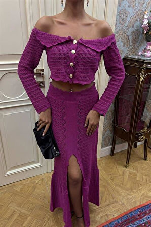 Madonna Yaka Derin Yırtmaç Etekli Şık Triko Takım 10099