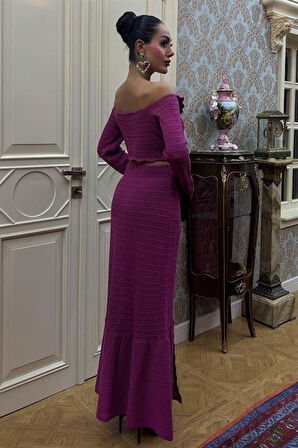 Madonna Yaka Derin Yırtmaç Etekli Şık Triko Takım 10099