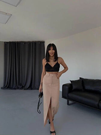 GABARDİN UZUN ÖNDEN YIRTMAÇLI ETEK - Kahverengi