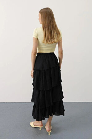 Katlı Kesim Uzun Etek - Siyah