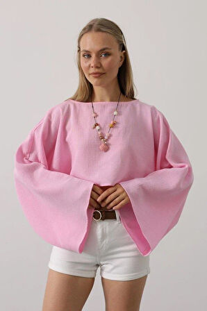 YARASA KOLLU CROP BLUZ - Pembe