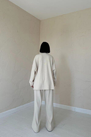 Bej Klasik Fitilli Kazak Ve Pantolon Takım