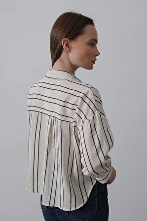 Çizgili Kısa Gömlek - Bej-Lacivert