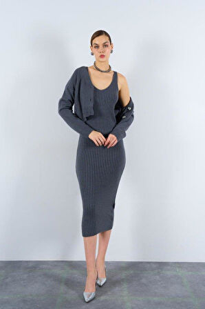 Fitilli Elbise Hırkalı Takım - Füme