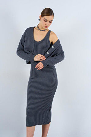 Fitilli Elbise Hırkalı Takım - Füme