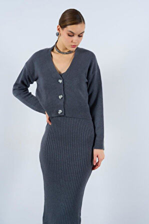 Fitilli Elbise Hırkalı Takım - Füme