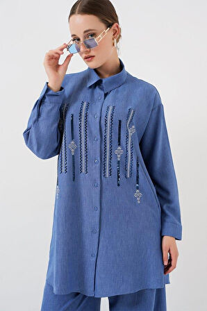 Desenli Tunik Pantolon İkili Takım 6720 - İndigo