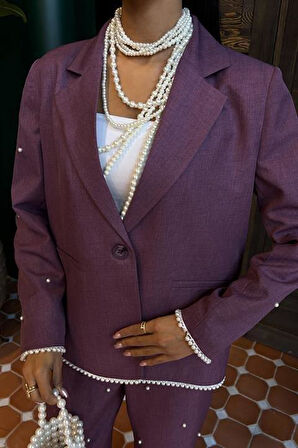 İnci Detaylı Ceket Pantolon Keten Takım 10124