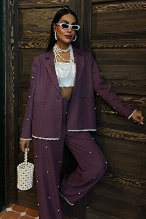 İnci Detaylı Ceket Pantolon Keten Takım 10124