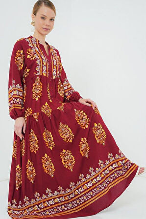 2423 Otantik Desenli Tesettür Elbise - E. Bordo