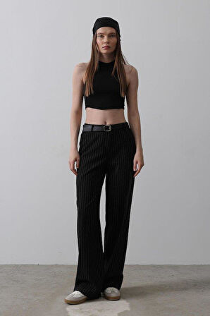 Kemerli Palazzo Pantolon - Siyah-Beyaz