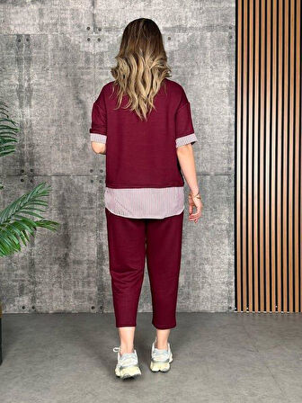 Kadın Modal Kumaş çizgili Gömlek Yaka Ikili Takım