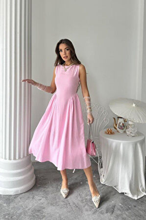 Pembe Yanları Büzgülü Midi Boy Keten Elbise