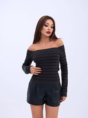 4206 TRİKO ÇİZGİLİ KAYIK YAKA CROP-ANTRASİT-SİYAH