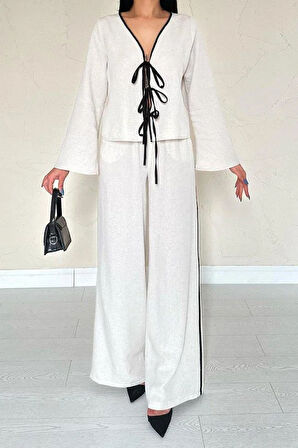 Bej Fiyonklu Keten Takım