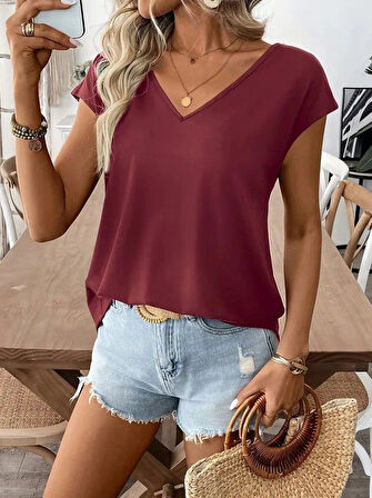 Kadın Kısa Kollu V Yakalı Arkadan Kurdele Detaylı Viskon Bluz