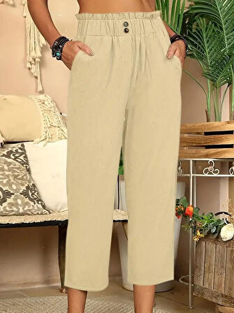 Kadın Bel Büzgü Ve Düğme Detay Kapri Keten Pantolon
