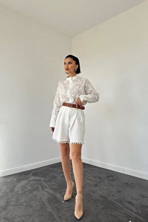 Ekru Dantelli Gömlek Ve Ponpolu Şort Takım