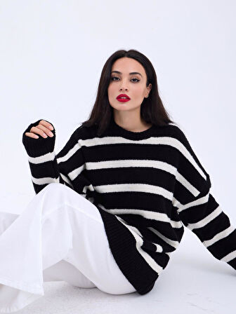43111 TRİKO ÇİZGİLİ SALAŞ KAZAK-SİYAH-EKRU