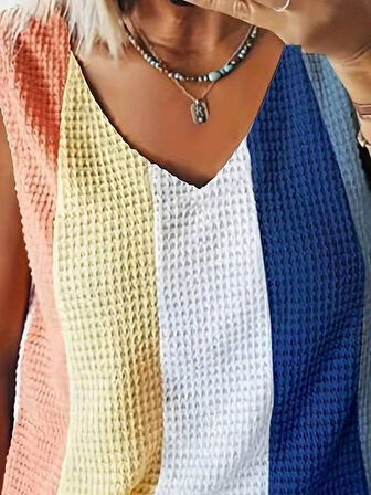 Kadın Askılı V Yakalı çok Renkli Triko Bluz