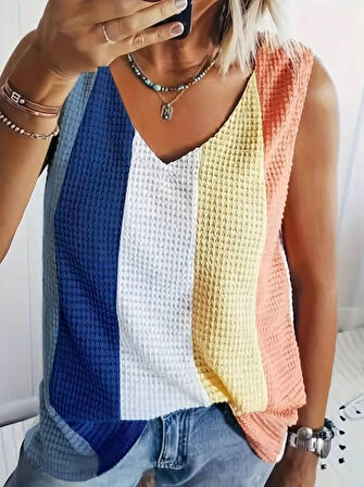 Kadın Askılı V Yakalı çok Renkli Triko Bluz