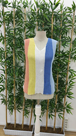 Kadın Askılı V Yakalı çok Renkli Triko Bluz