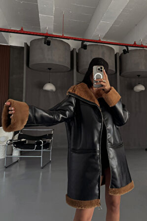 DERİ MONT KOL VE YAKA PELUŞ KAPAKSIZ CEP DETAYLI - Siyah-Taba