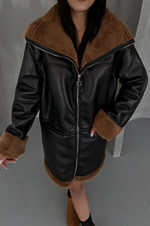 DERİ MONT KOL VE YAKA PELUŞ KAPAKSIZ CEP DETAYLI - Siyah-Taba